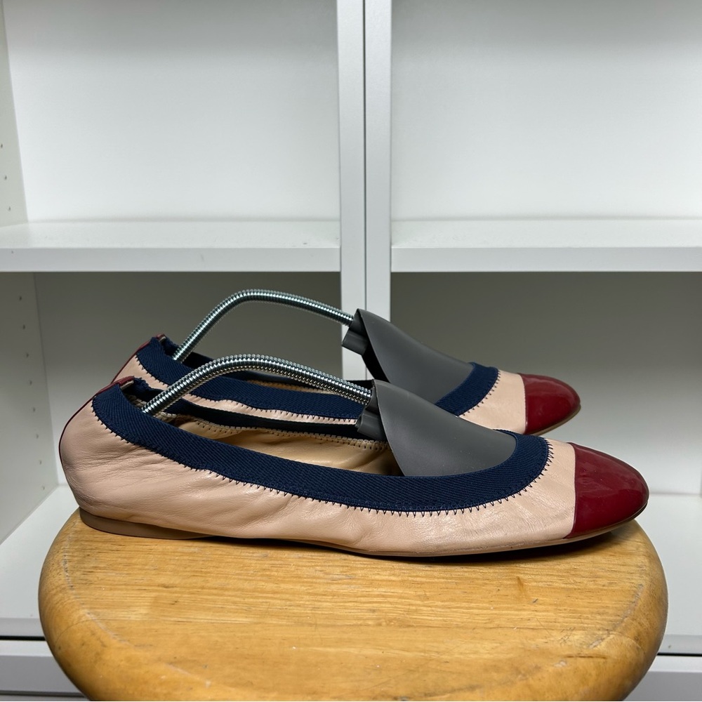 J. Crew Pink Flats with Navy Trim and Burgundy Patent Cap Toe
